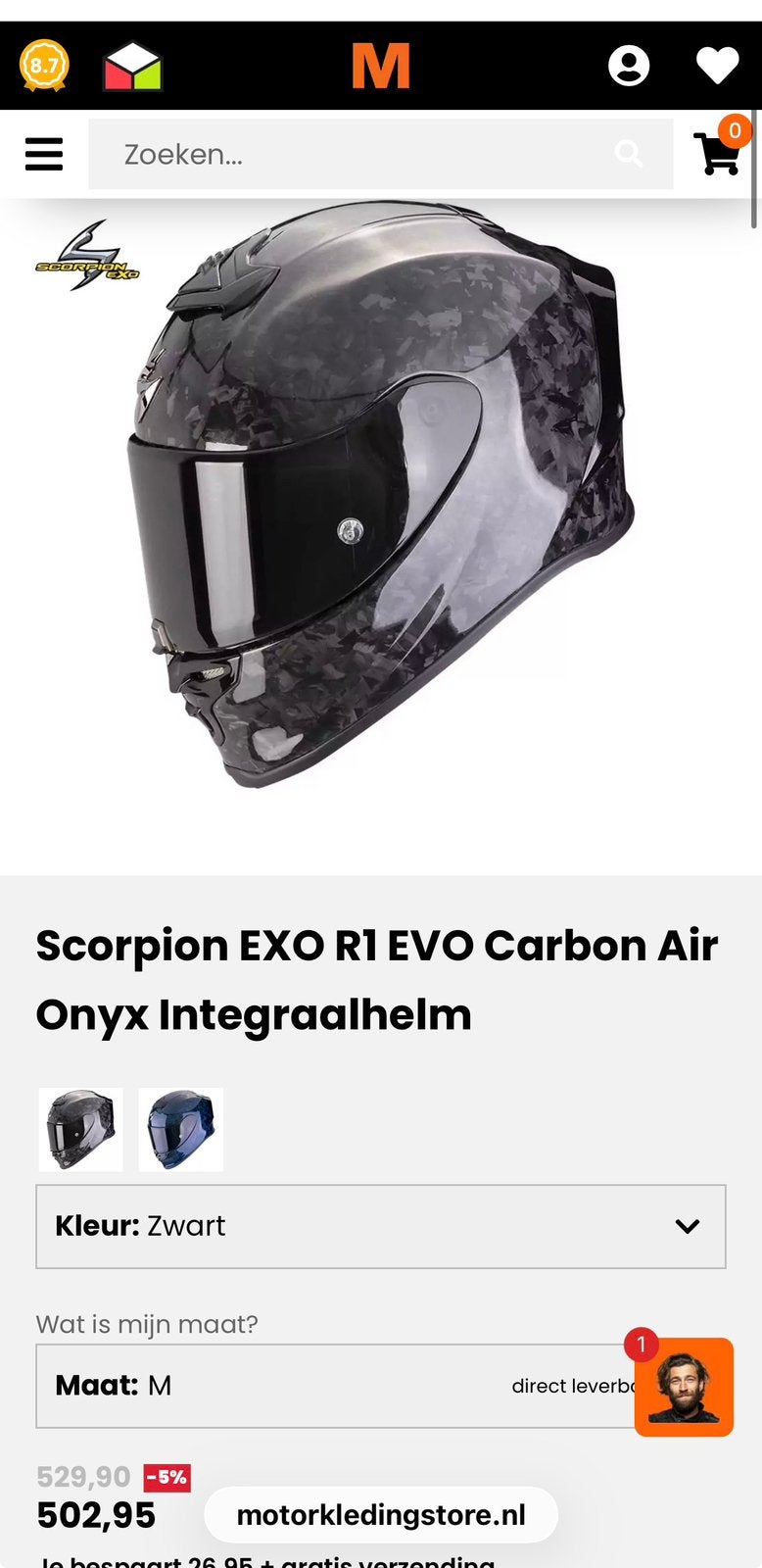 Scorpion EXO R1 EVO Carbon Air Onyx Integraalhelm, Motoren, Ophalen of Verzenden, Integraalhelm, Overige merken
