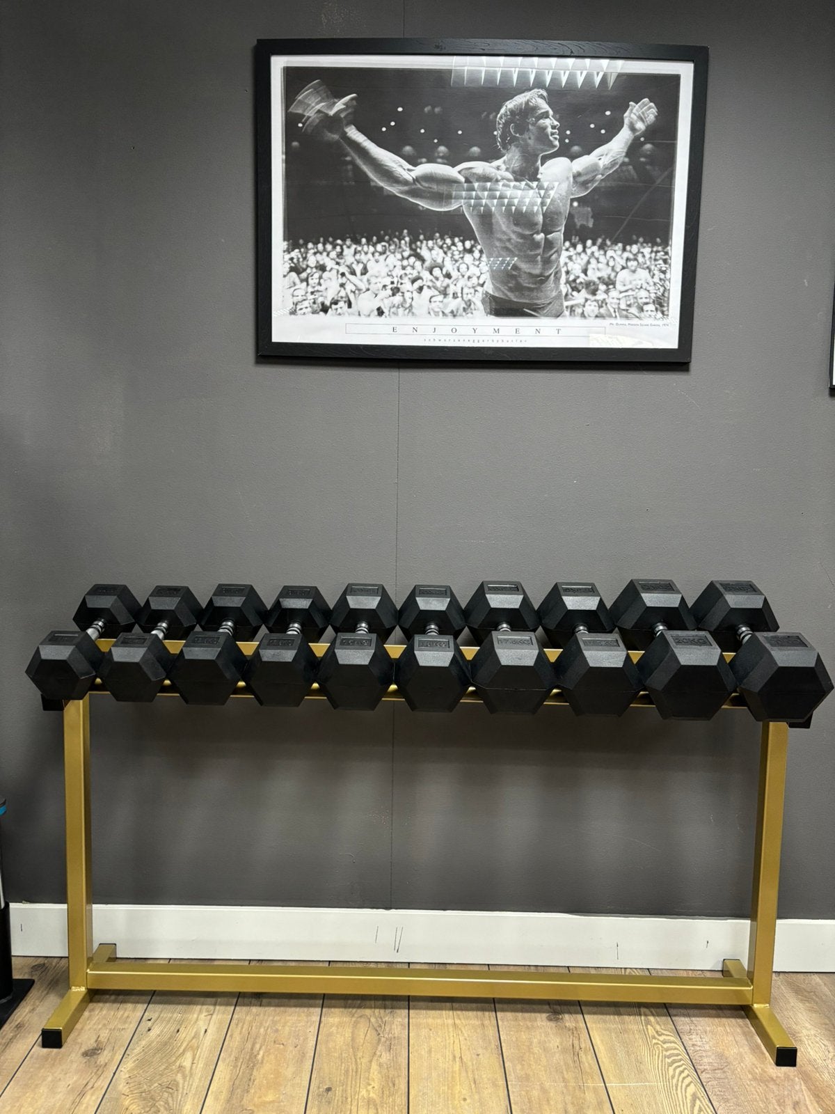 Gouden dumbell rek / rack. 5 tot 15 kilo hexa gewichten, Sport en Fitness, Dumbbell, Nieuw, Ophalen of Verzenden, .