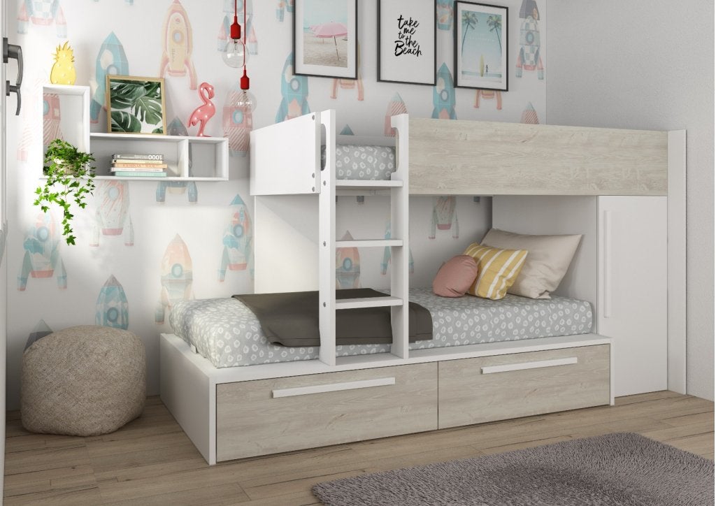 Jules stapelbed met kast en lades - 90x200 - Wit, Niet ingevuld, Niet ingevuld, Niet ingevuld