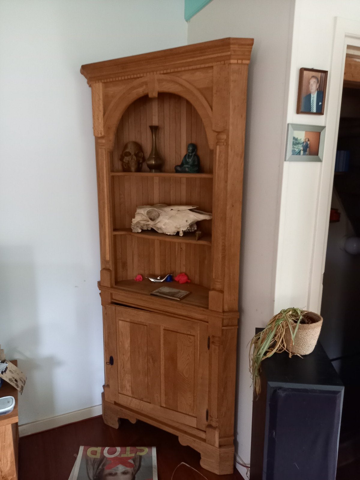 Mooie Teakhouten Hoekkast met Open Vakken en Deurtjes, Teakhout, Klassiek, Landelijk, 150 tot 200 cm, 25 tot 50 cm