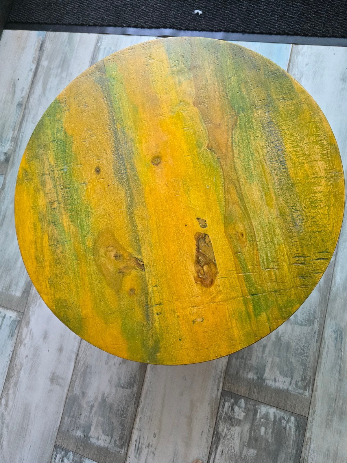 Industriële bijzettafel met houten blad, Minder dan 45 cm, Minder dan 55 cm, Gebruikt, Rond