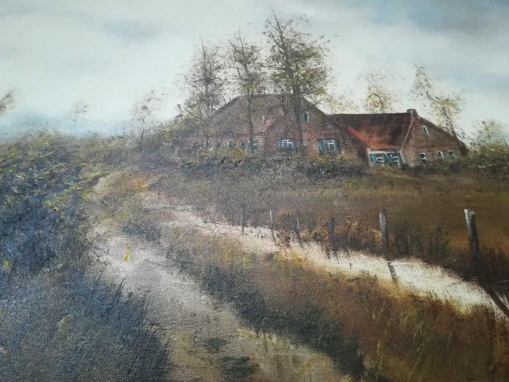 Olieverfschilderij boerderijlandschap gesigneerd Schijven, Antiek en Kunst, Gesigneerd, Doek, Realistisch, Ophalen of Verzenden