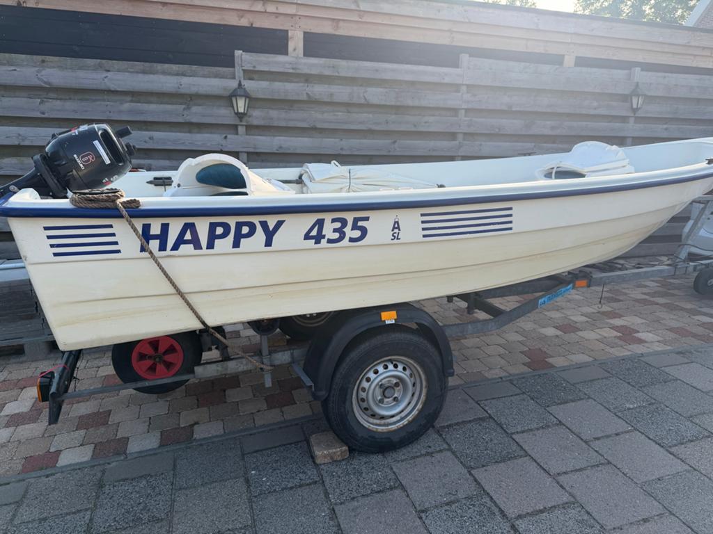 Happy 435 AS roeiboot/visboot met Suzuki buitenboordmotor, Overige merken, Gebruikt, Buitenboordmotor, Trailer