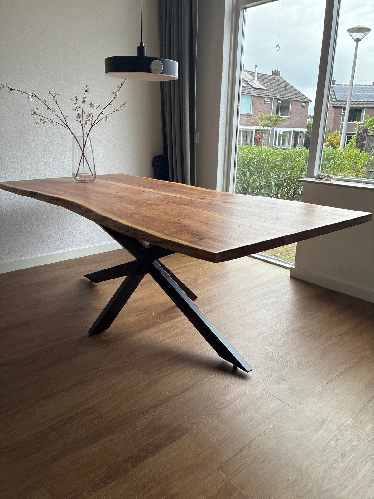 Massief houten eettafel 220x100cm met spinnenpoot, Ophalen, Gebruikt, 200 cm of meer, 50 tot 100 cm