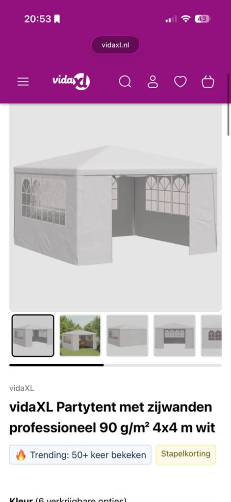 vidaXL Partytent 4x4m wit met zijwanden NIEUW verpakt, Tuin en Terras, Partytenten, Ophalen, Partytent, Nieuw, 4 tot 6 meter