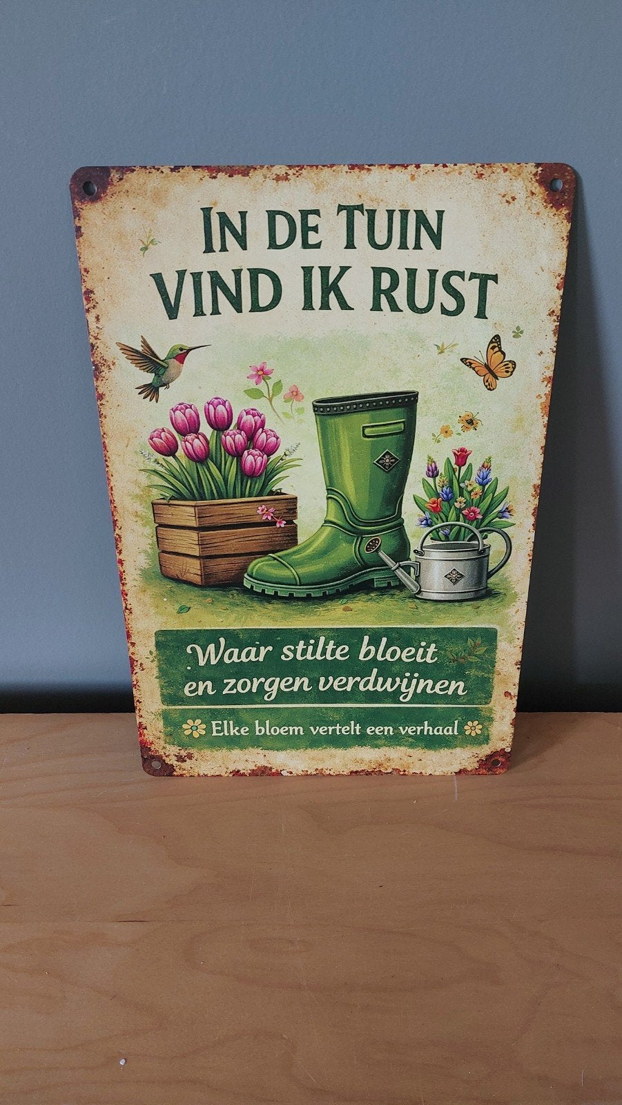 Decoratief Tuinbord "In de tuin vind ik rust" 20x30cm, Metaal, Meerkleurig, Nieuw, Ophalen of Verzenden