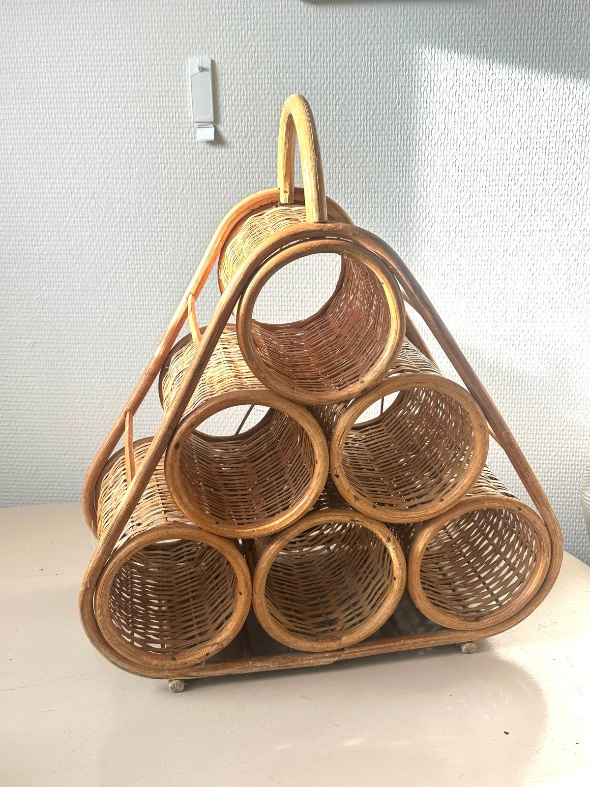 Vintage rieten wijnrek voor 6 flessen, Overige materialen, Gebruikt, Ophalen of Verzenden, Minder dan 5 flessen