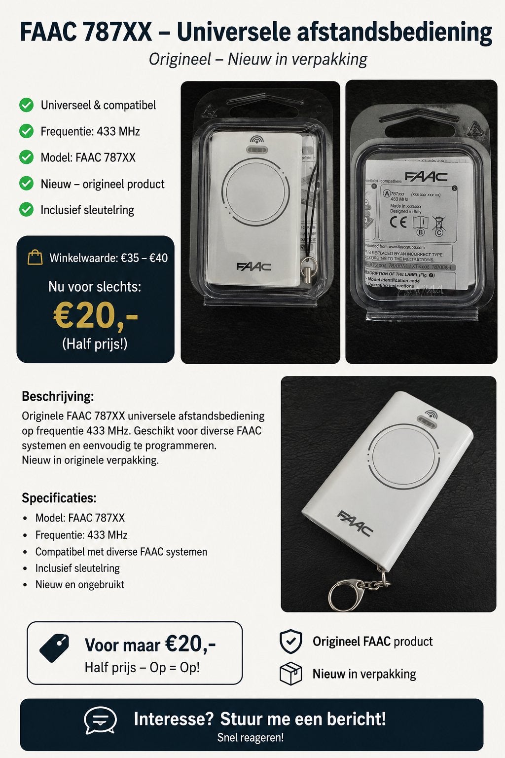 FAAC 787XX Universele Afstandsbediening - Nieuw in verpakkin, Ophalen of Verzenden, Nieuw, Origineel