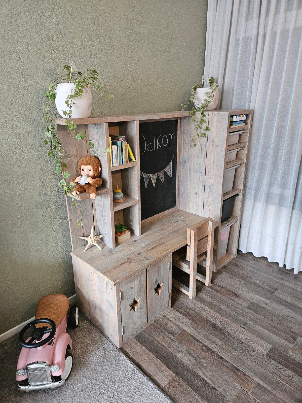Steigerhouten speeltafel met stoel en speelbakken, Ophalen, Tafel(s) en Stoel(en)