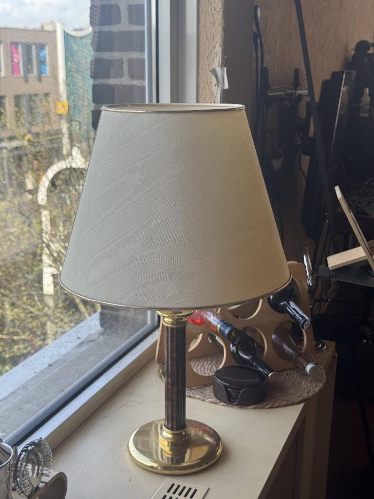 Sfeervolle Vintage Tafellamp – Goud/Messing met Houtlook, Stof, 50 tot 75 cm, Klassiek, Ophalen of Verzenden