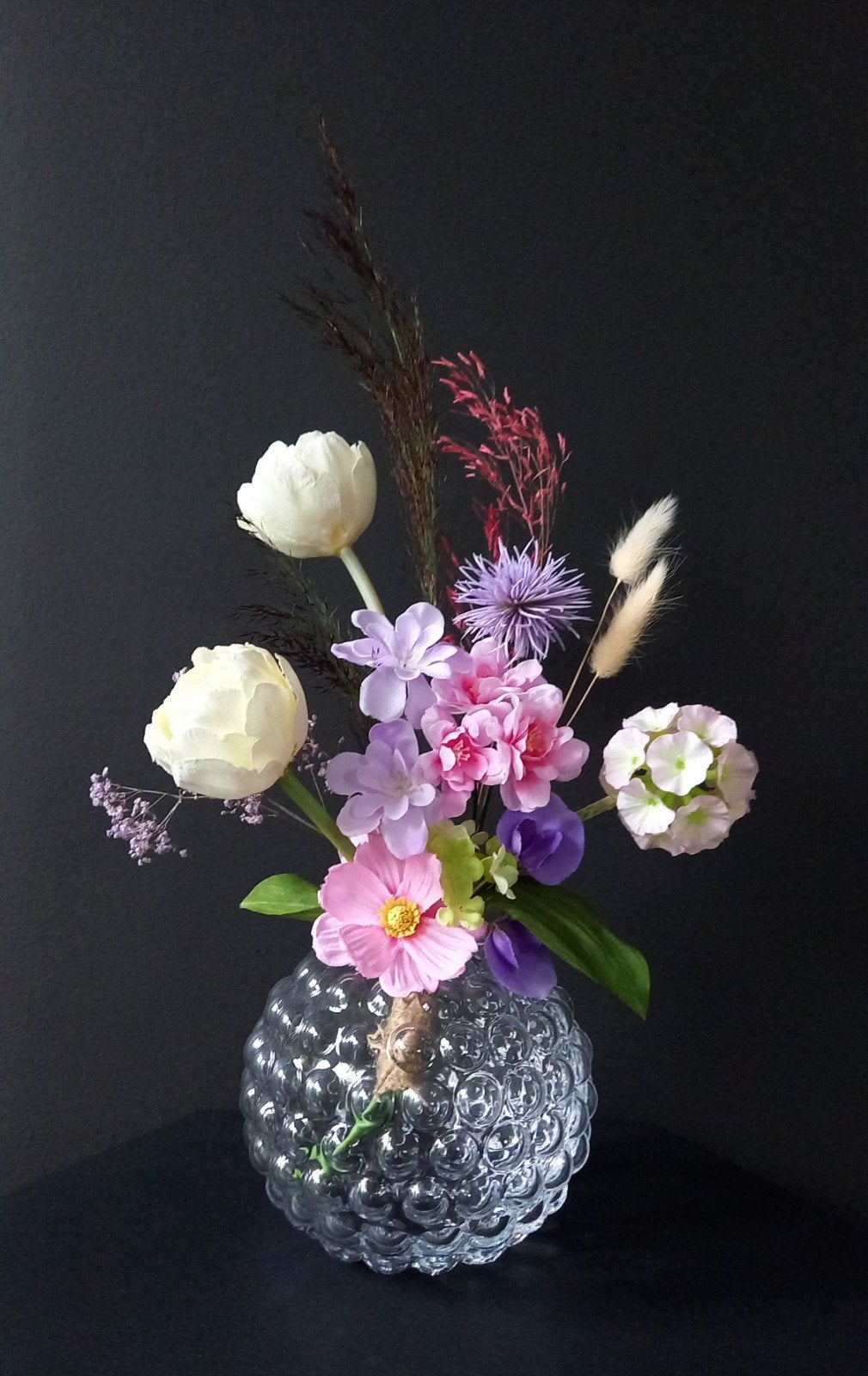 Kunst- en Droogbloemen gebonden boeket met bubble vaas H45cm, Ophalen, Nieuw