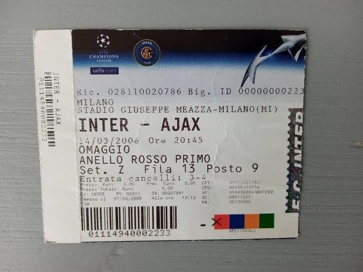 Ticket Internazionale - Ajax 2005/06 Champions League, Verzamelen, Ophalen of Verzenden, Zo goed als nieuw, Ajax, Overige typen