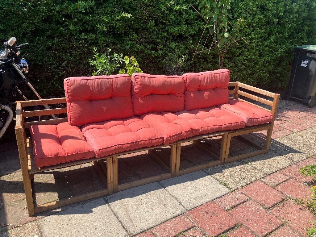 vidaXL 4-delige houten tuinset + Leen Bakker kussens (terra), Ophalen, 4 zitplaatsen, Gebruikt, Hardhout