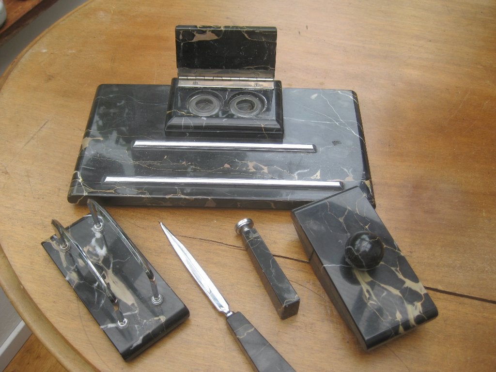 Art Deco Marmeren Bureauset - Inktstel en Accessoires, Ophalen of Verzenden