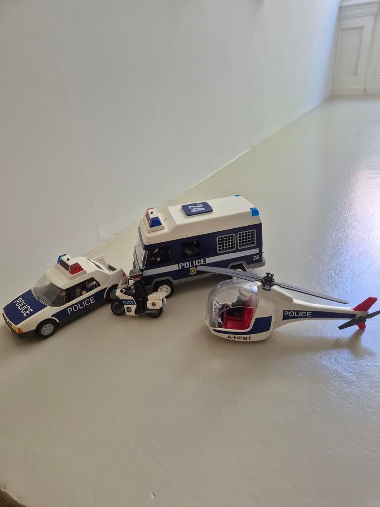 Vintage Playmobil Politie Set - Auto, Bus, Motor, Helikopter, Ophalen of Verzenden, Gebruikt, Complete set