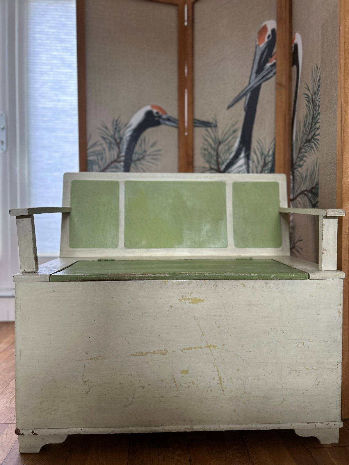 Vintage houten bankje met opbergruimte - groen/wit, Ophalen