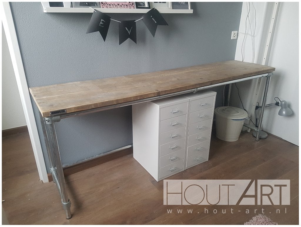 Bureau steigerbuis & steigerhout 200x90, Ophalen, 90 cm, Gebruikt, Hout