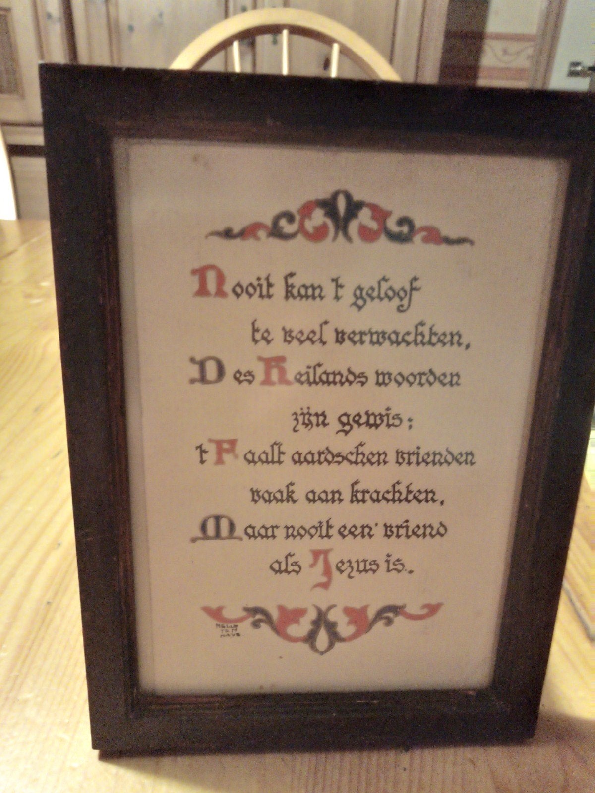 Oud ingelijst gedichtje - "Nooit kan 't geloof ...", Ophalen of Verzenden