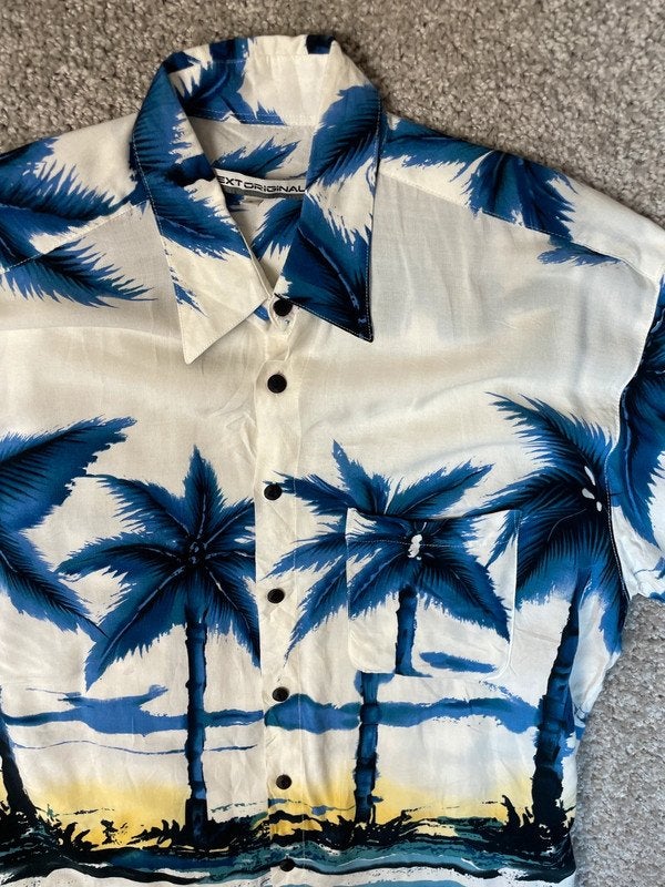 Hawaii Overhemd Heren L Wit Blauw Next Originele Palmbomen E, Ophalen of Verzenden, Zo goed als nieuw, Blauw, Hawaii