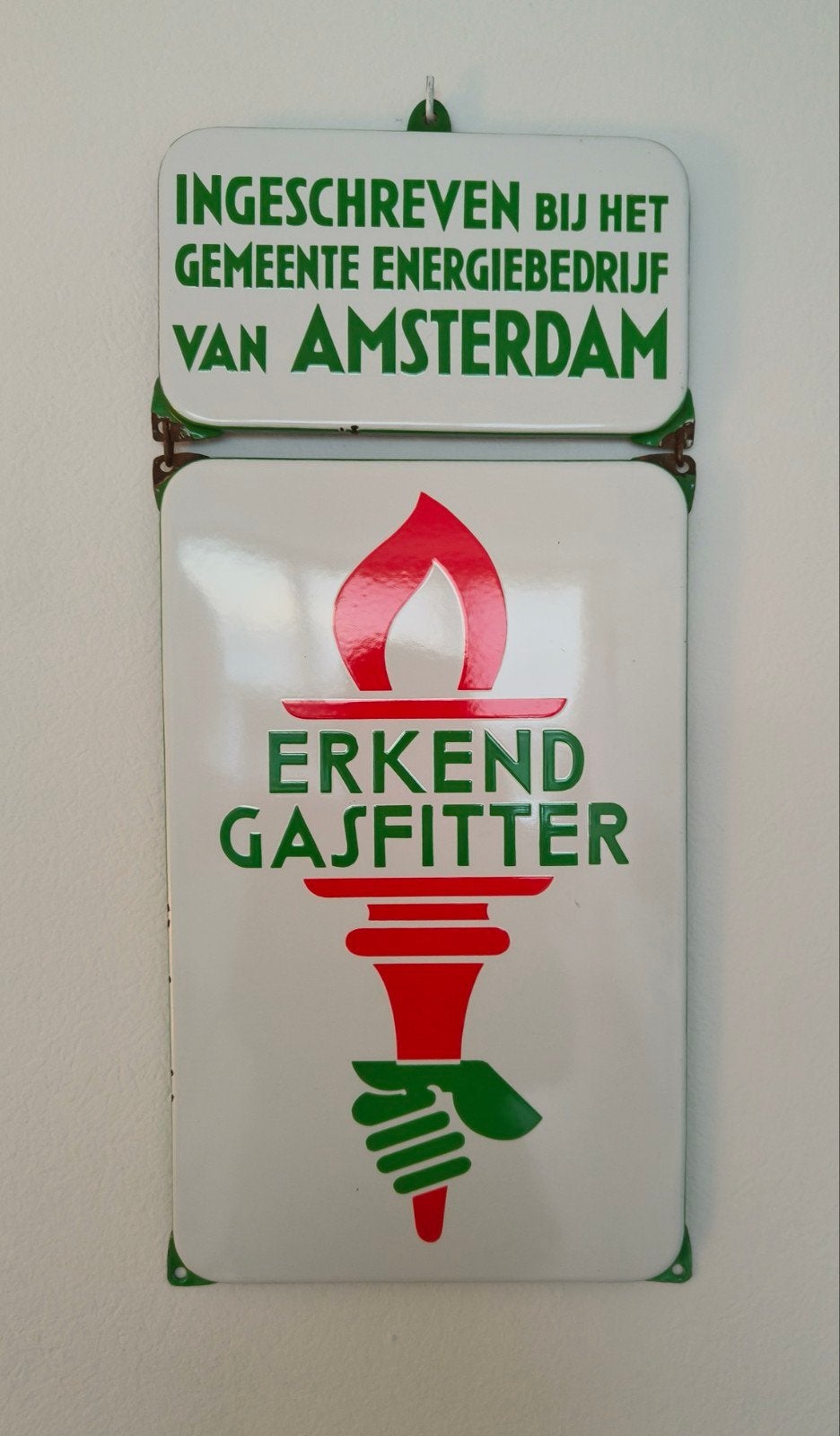Emaille bord: Erkend Gasfitter Amsterdam (2-delig), Antiek en Kunst, Ophalen of Verzenden