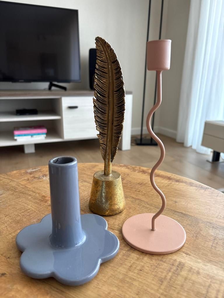 Set van 3 decoratieve kandelaars - Goud, Roze, Grijs, Huis en Inrichting, Ophalen of Verzenden, Zo goed als nieuw, Minder dan 50 cm