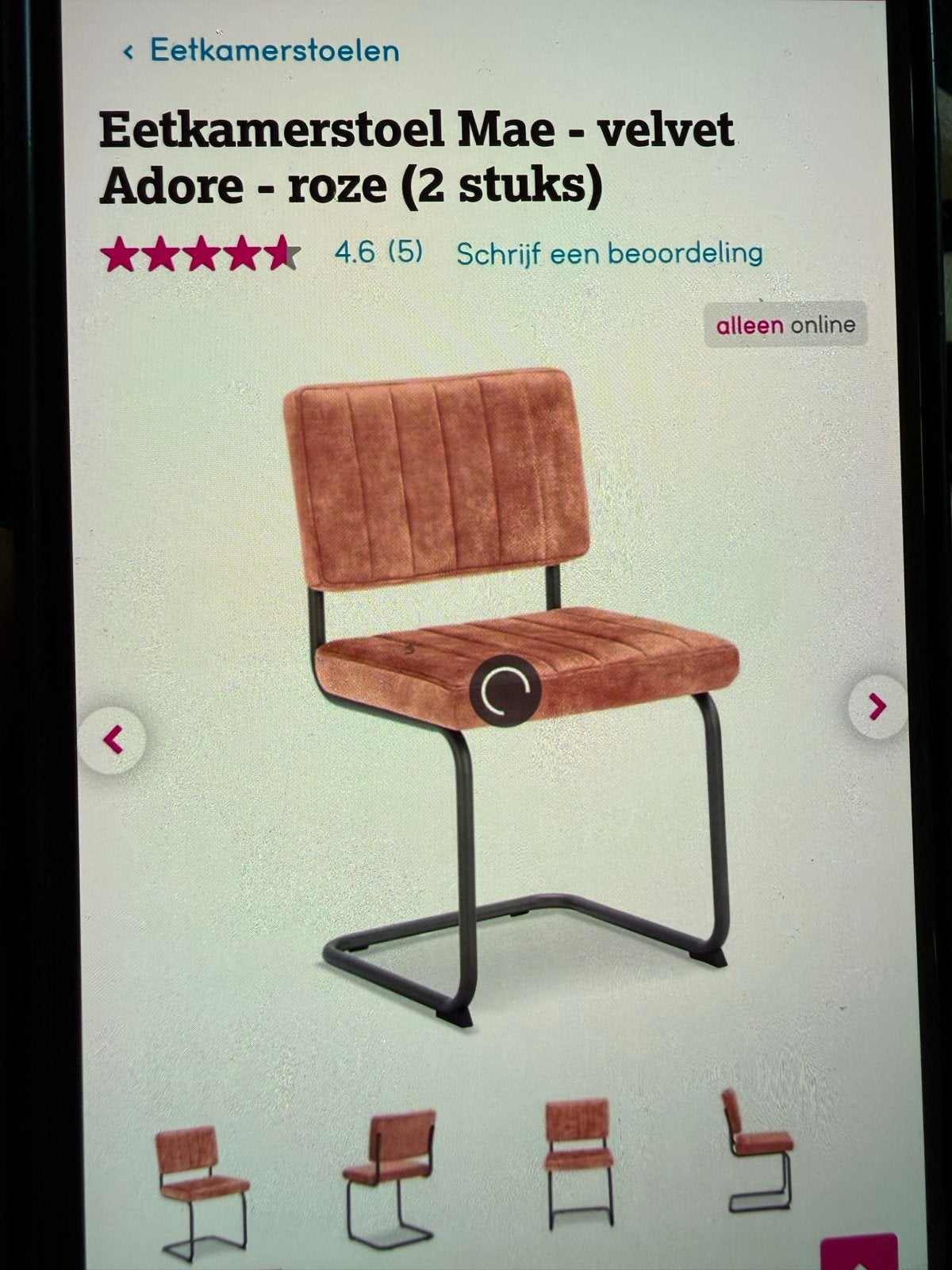 8 Roze Leenbakker eetkamerstoelen - Mae velvet Adore, Ophalen, Gebruikt, Overige kleuren, Stof
