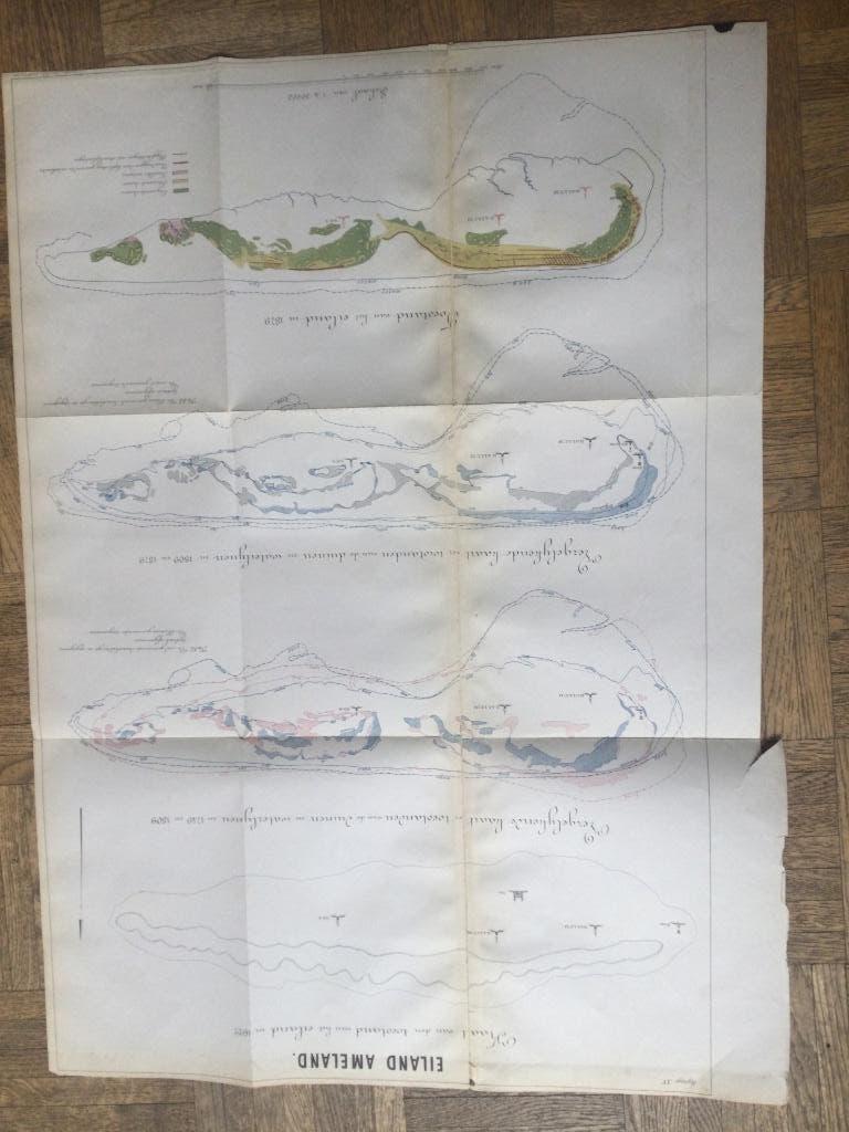 Ameland, waterlijnen en duinen, zeer groot, 1879, Antiek en Kunst, Kunst | Etsen en Gravures, 54 cm, 1800 - 1899, Verzenden, Cartografie