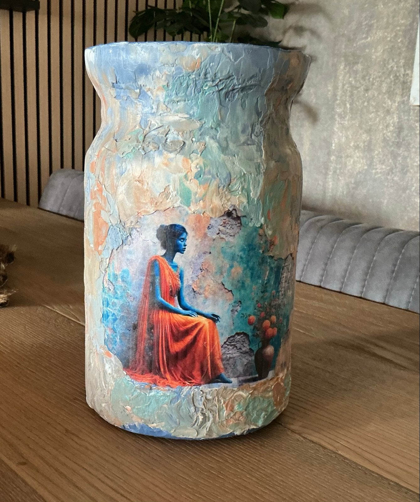 Unieke glazen vaas met print en gips bewerking, Handgemaakt, Meerkleurig, Ophalen of Verzenden, Glas