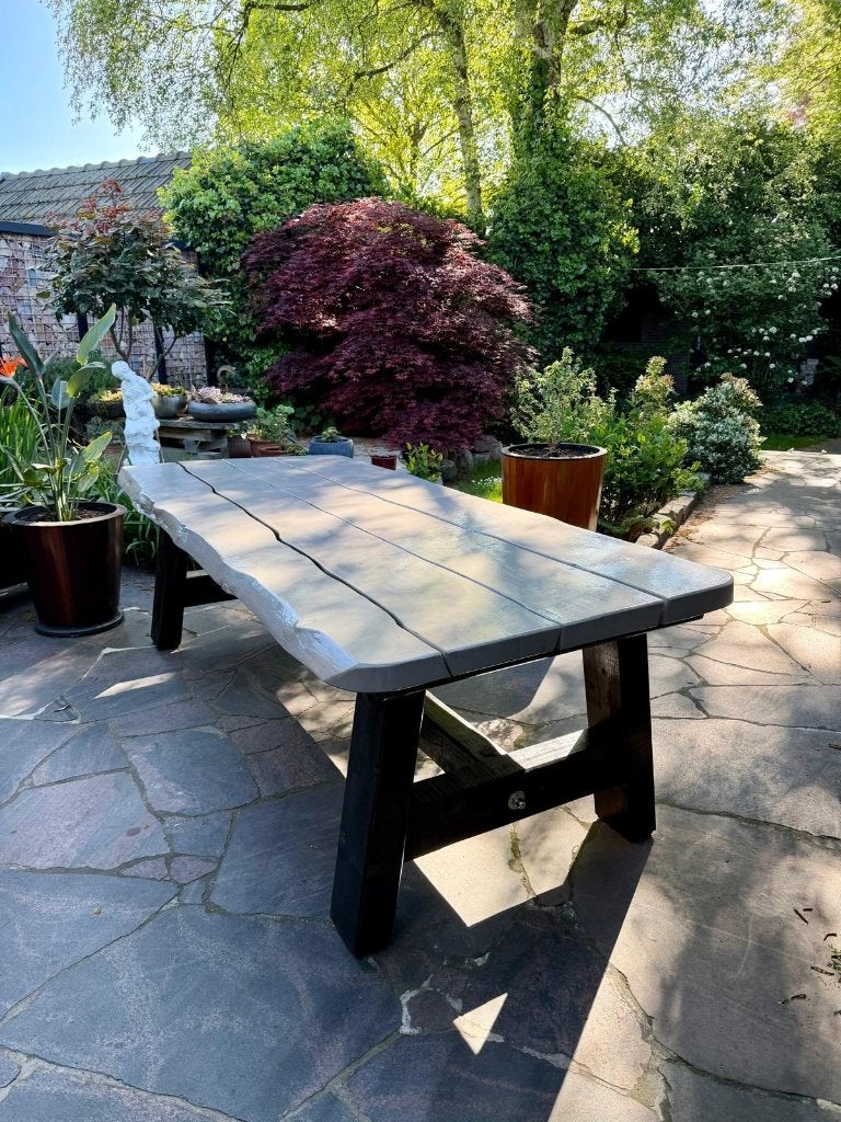 Mooie handgemaakte boomstam tuintafel met stoer blad, Ophalen, Nieuw, Rechthoekig, Hout