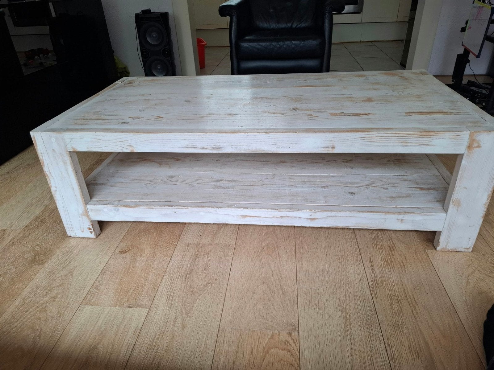 Salontafel van massief steigerhout, white wash geverfd, Ophalen, Gebruikt, Rechthoekig, Landelijk, Shabby Chic