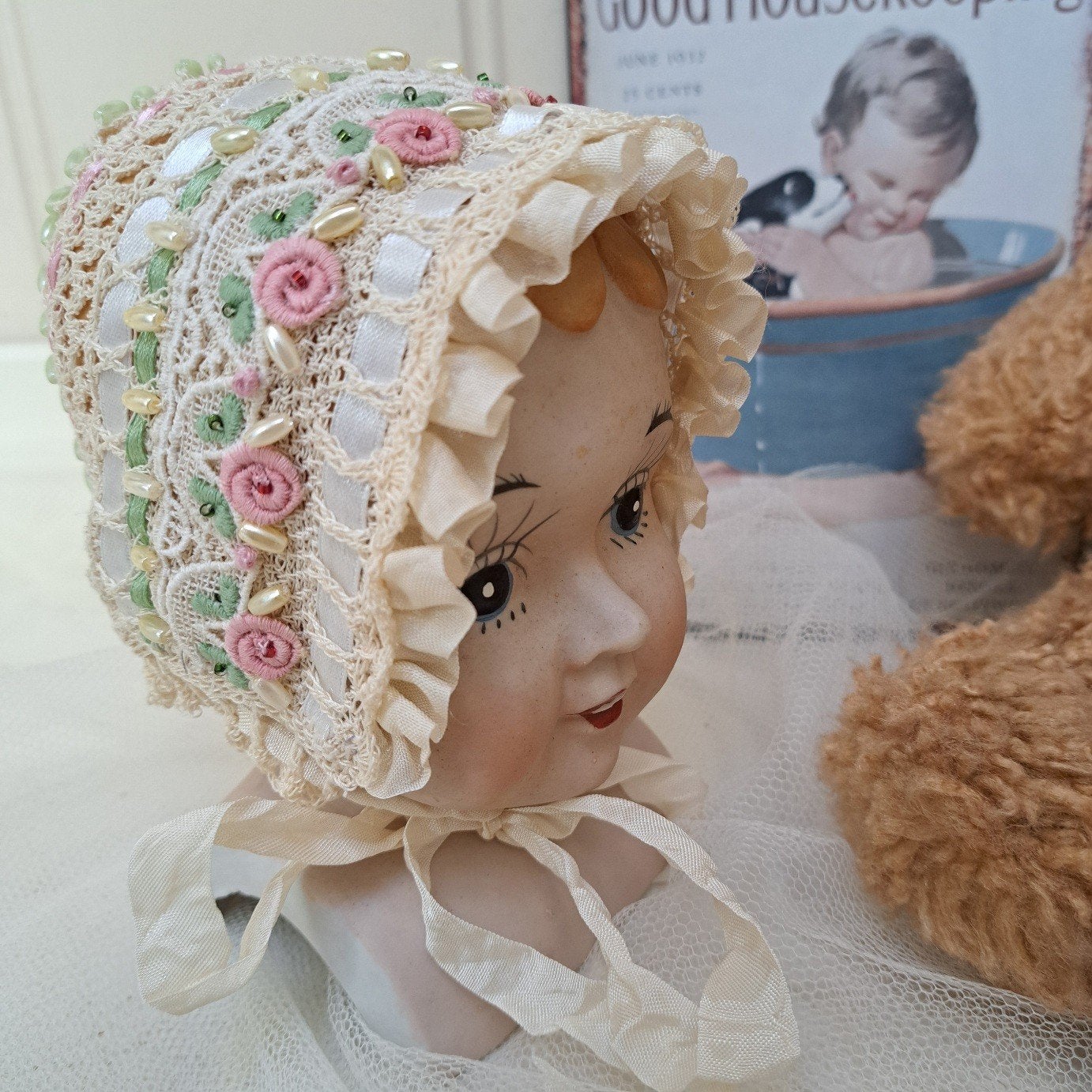 Hand gehaakt Katoen Brocante Poppen muts NIEUW, Ophalen of Verzenden