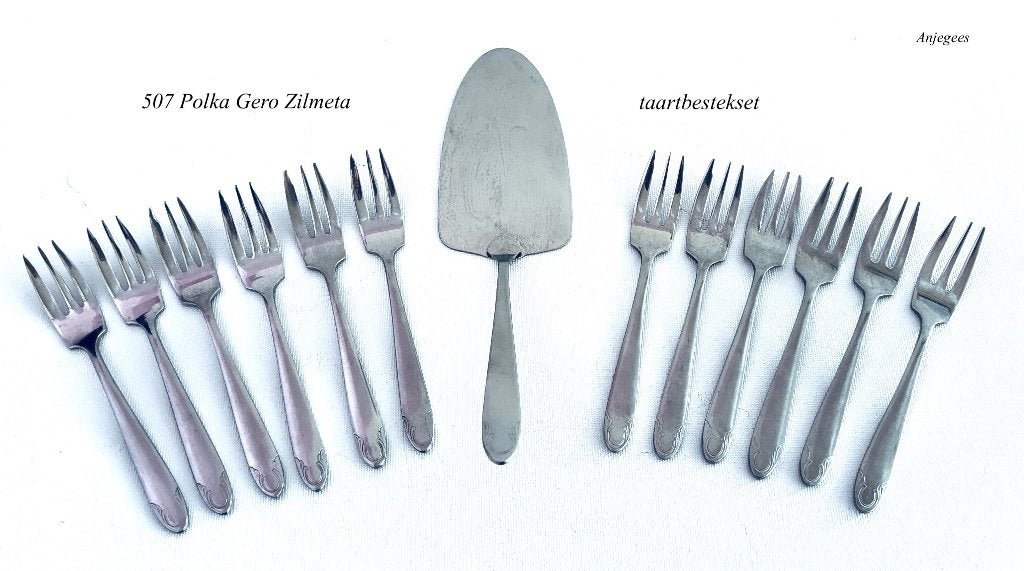 Polka 507 Gero Zilmeta Taartschep + 12 vorkjes rvs, Antiek en Kunst, Ophalen
