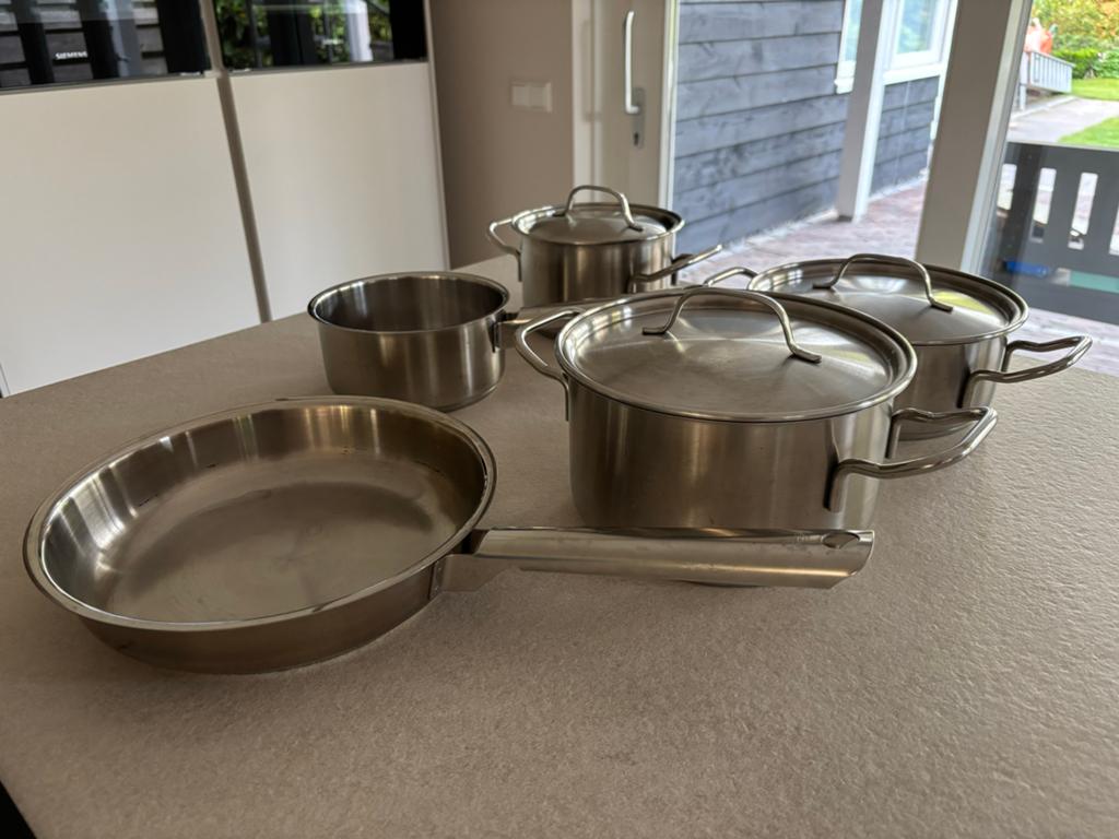 Fissler Pannenset - RVS - Made in Germany, Gebruikt, Inductieplaat, Pannenset, Ophalen of Verzenden