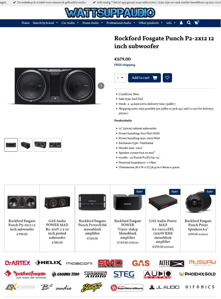 Rockford Fosgate Punch P2-2x12 12 inch subwoofer 1600W, Audio Design, Nieuw, Am Breilingsweg 3, 76709 Kronau, Duitsland, Ophalen of Verzenden