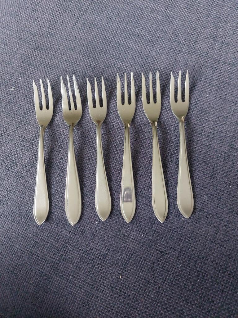 Set van 6 zilverkleurige dessertvorkjes, Antiek en Kunst, Antiek | Bestek, Ophalen of Verzenden