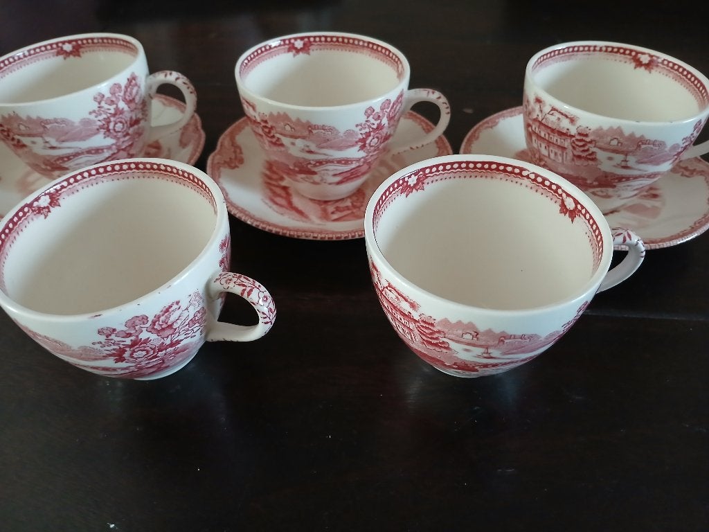 5 koffiekop en 3 schotels van Johnson Bros, rood, Ophalen of Verzenden