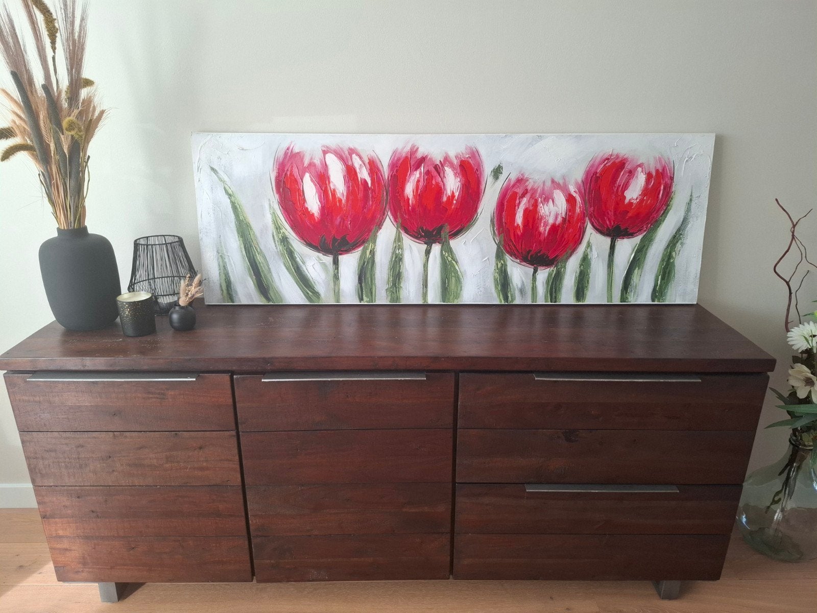 Schilderij met rode tulpen - 150x50 cm, Ophalen