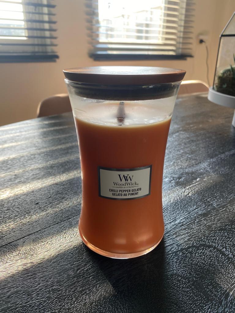WoodWick Chilli Pepper Gelato Kaars, Overige materialen, Bruin, Ophalen of Verzenden, Zo goed als nieuw