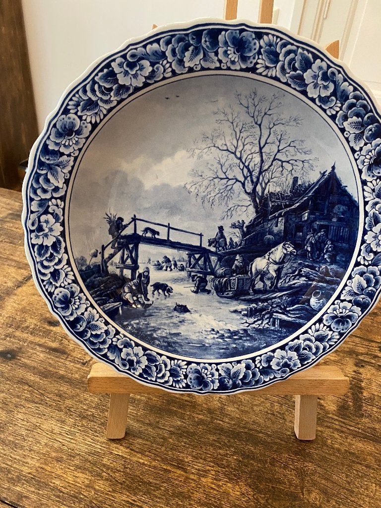 Antiek, groot wandbord Delfts Blauw - Winter, Ophalen of Verzenden