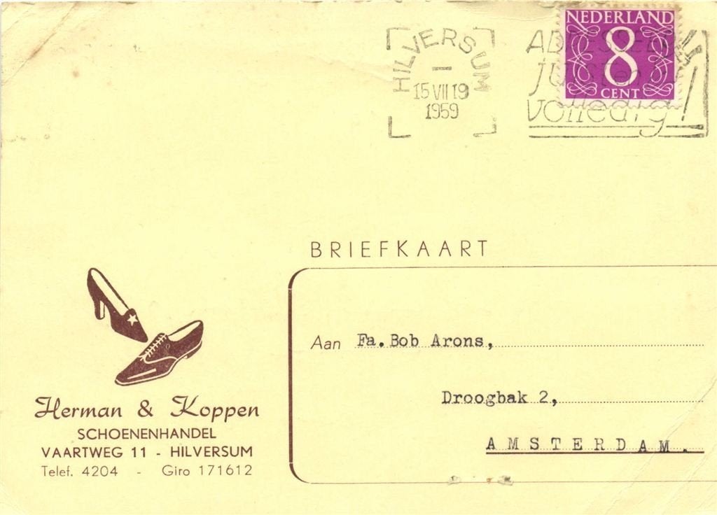 Herman + Koppen, Schoenhandel, Hilversum - 07.1959 - briefka, Postzegels en Munten, Brieven en Enveloppen | Nederland, Ophalen of Verzenden