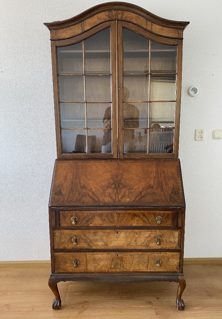 Antieke secretaire met vitrinekast - Wortelnoten, Antiek en Kunst, Antiek | Meubels | Kasten, Ophalen