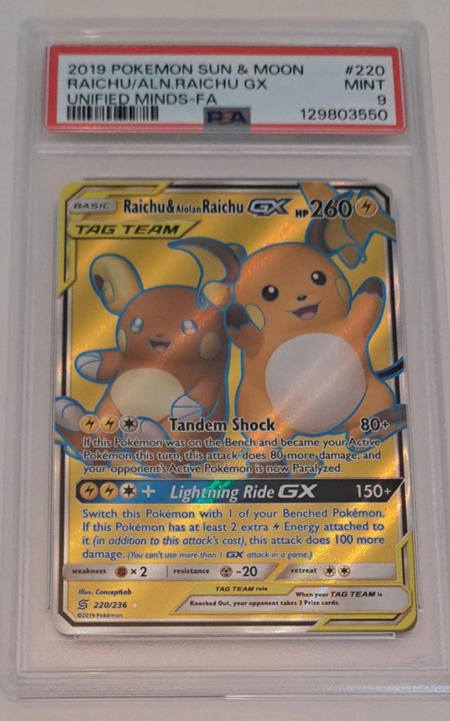 Tag Team Raichu & Alolan Raichu GX #220 PSA 9 Mint, Ophalen of Verzenden, Zo goed als nieuw, Overige typen