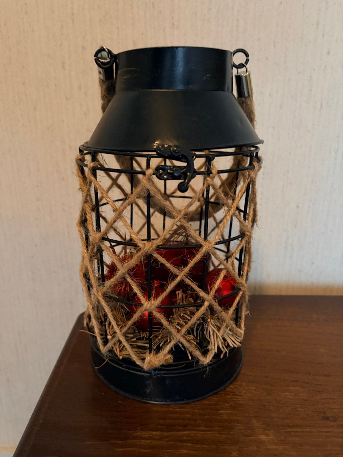 Decoratieve (Kerst) Lantaarn met Touw - 27 cm Hoog, Lantaarn, Zwart, Ophalen of Verzenden, Zo goed als nieuw