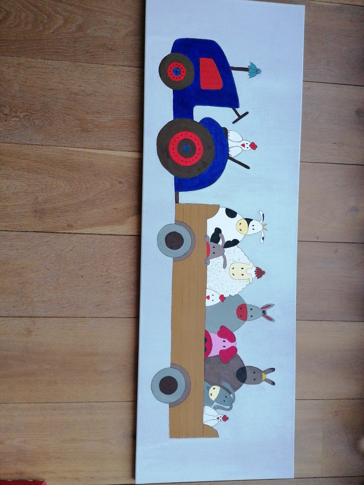 Schilderij 40x120 cm - Tractor met dieren (Acrylverf), Ophalen, Oorspronkelijke maker, Zo goed als nieuw, Schilderij