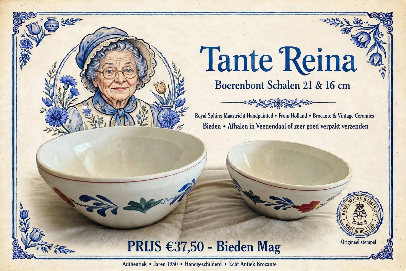 2 Boerenbont Schalen Royal Sphinx Maastricht - 21 & 16 cm -, Overige merken, Landelijk/Boerenbont, Ophalen of Verzenden, Schaal of Schalen