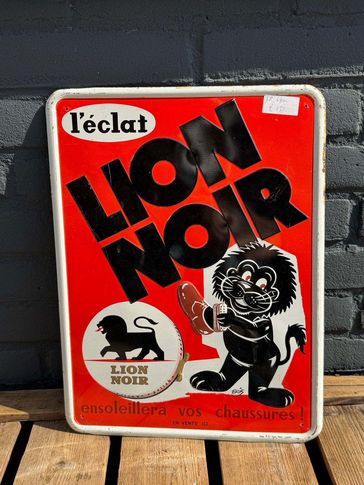 Vintage Lion Noir Reclamebord - Schoenpoets, Verzamelen, Ophalen of Verzenden, Gebruikt, Reclamebord