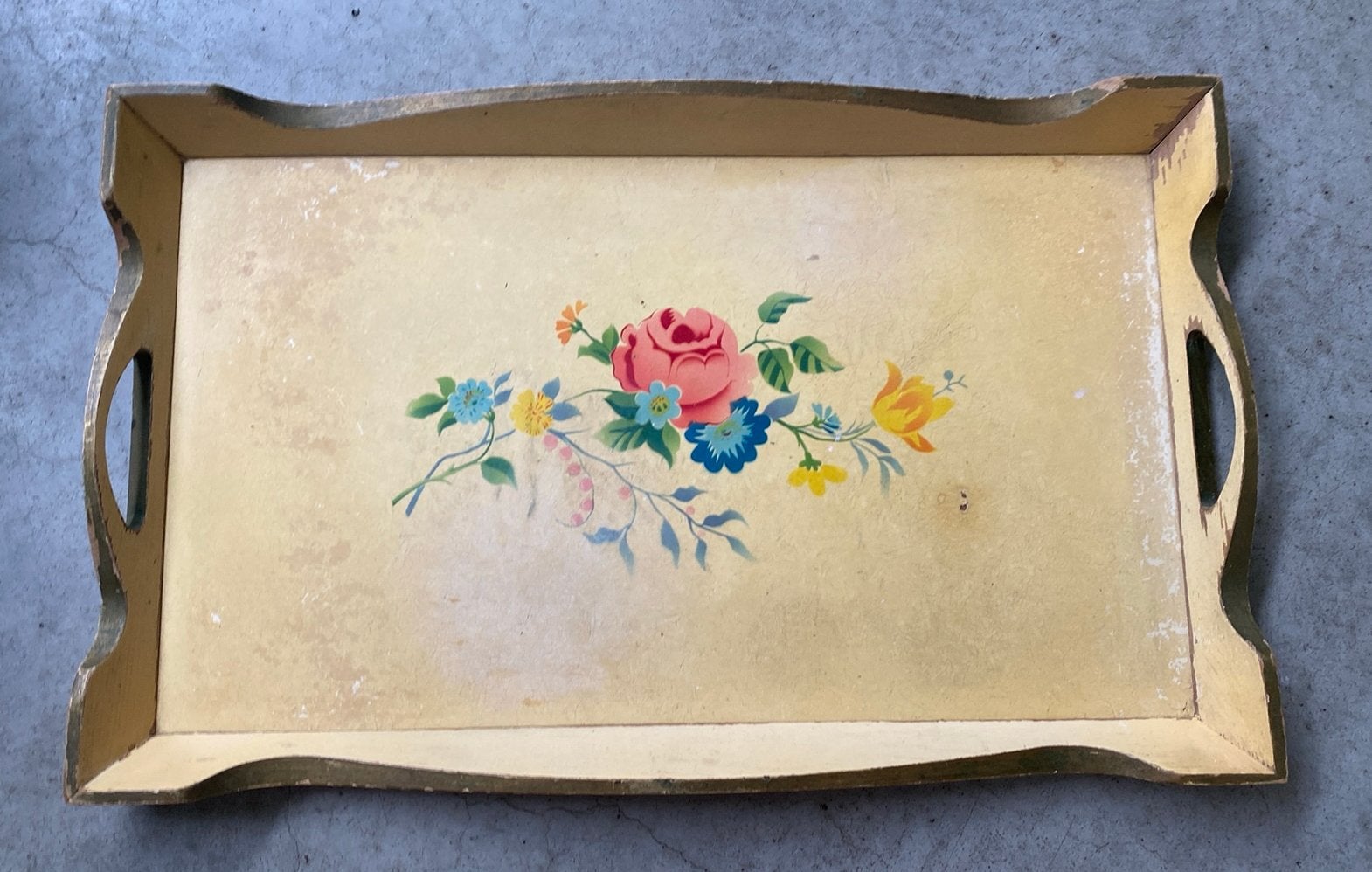 Vintage houten dienblad - jaren 60 - bloem motief, Ophalen of Verzenden, Gebruikt, Rechthoekig, Hout