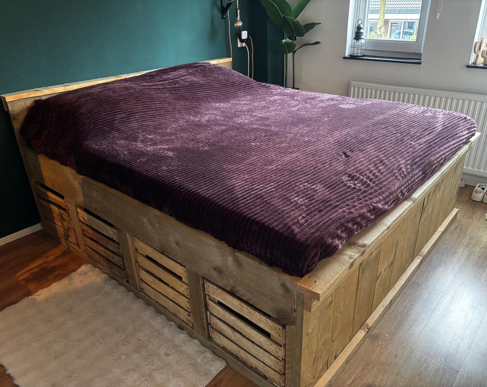 Steigerhout bed, Ophalen, Bruin, 210 cm, Steigerhout