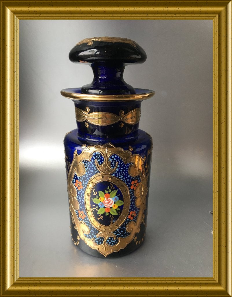 Oude handbeschilderde kobaltblauwe glazen fles, Antiek en Kunst, Ophalen of Verzenden