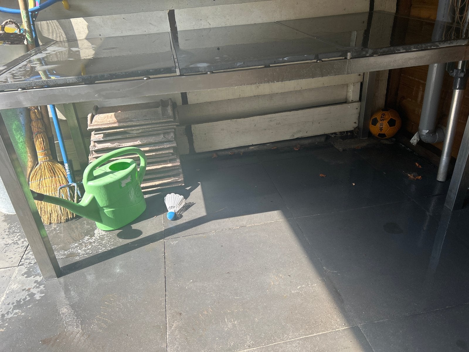 Stevige tuintafel met mamer bladen afmeting 180x90, Tuin en Terras, Ophalen, Gebruikt, Rechthoekig, Metaal